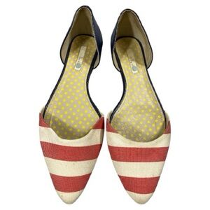 Boden Cleo D’orsay Leather Flats Coral Ivory Stripe Pointed Toe Navy Size 10.5